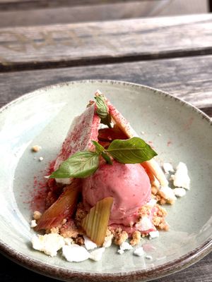 Housemade strawberry gelato with meringue and rhubarb compote at MADENITALY in Copenhagen