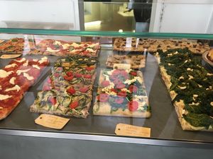 Roman style pizza baked in tray - most menu is vegan  at MADENITALY in Copenhagen