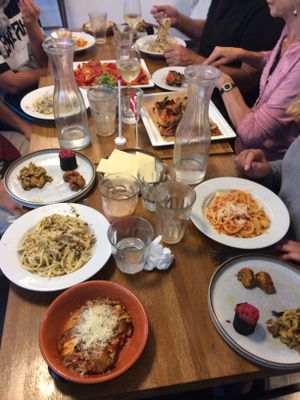 Amazing vegan spread. Gluten free pastas with mushrooms, tomato sauce, variazione (YUM) and pizzas. Everything nut-free and ordered beforehand.  at MADENITALY in Copenhagen
