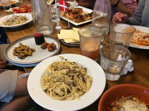 Amazing vegan spread. Gluten free pastas with mushrooms, variazione (YUM) and pizzas. Everything nut-free and ordered beforehand.  at MADENITALY in Copenhagen