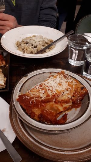 Mushroom pasta at the back, lasagne at the front! at MADENITALY in Copenhagen