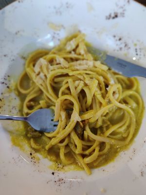Carbonara with seitan. at MADENITALY in Copenhagen
