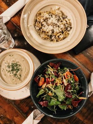 Pasta ala casa with triffle and mushrooms, soup and a really really lovely salad! Def order that!  at MADENITALY in Copenhagen