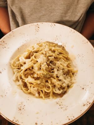 Pasta cabonara with ordered GF pasta!  at MADENITALY in Copenhagen