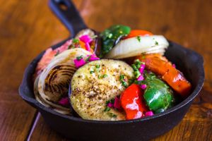 Veggie Dominoes: Grilled veg over potato wedges (ask for falafel, hummus, or a bean salad if you want protein with this too) at Maro's in Oakville