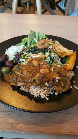 evening buffet. Stew, rice, wedges and salad at Excalibur Cafe in Glastonbury