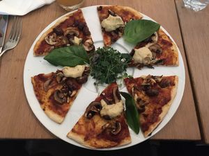 Fungi pizza at Excalibur Cafe in Glastonbury
