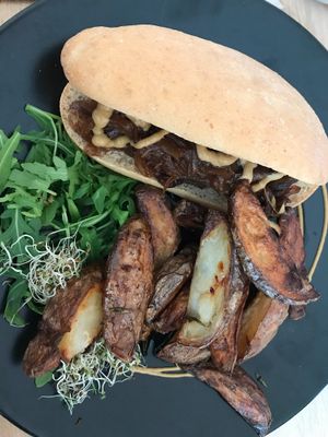 Delicious ‘hot dog’ at Excalibur Cafe in Glastonbury