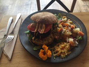 Vegan burger  at Excalibur Cafe in Glastonbury