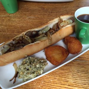 Vegan hot dog with roasties at The Peacock in Nottingham