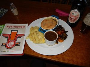 savoury pie, mustard mash, roast veg and gravy at The Peacock in Nottingham