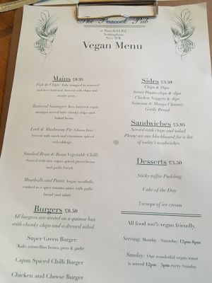 Menu at The Peacock in Nottingham