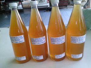 Black tea kombucha. Prepared with organic black tea and organic sugar. Only 100 baht per liter. 3 baht for bottle return  at The Vegan Shop in Chiang Mai