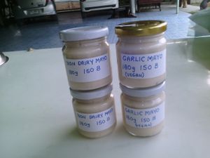 Non-dairy mayo. Garlic and plain mayo. 180 grams 150 baht. Limited supply
 at The Vegan Shop in Chiang Mai