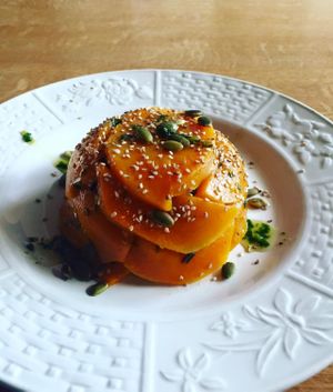 Butternut Squash baked in cinnamon oil, Stuffed with a moist Millet and Green Pea Risotto at Nico's Kitchen and Lounge in Hastings