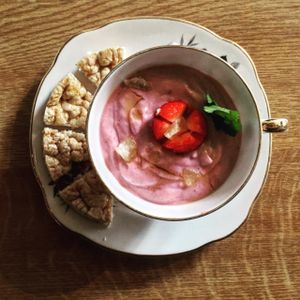 Creamy Strawberry mousse topped with Caramelised rice + Crystallised ginger at Nico's Kitchen and Lounge in Hastings