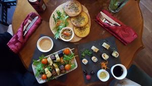 Skewers with satay sauce (my fav) / chickpea pancakes / sushi at Nico's Kitchen and Lounge in Hastings