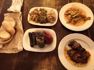 many vegan salads, stuffed vegetables, eggplant salad at Galata Kitchen in Istanbul