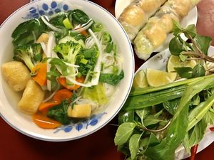 Vegan Pho w/ Tofu + Tofu spring rolls at The Golden Turtle in Toronto