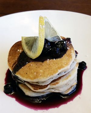 silver dollar pancakes with blueberry syrup at A Broken Angel - Food Cart + Catering in Bend