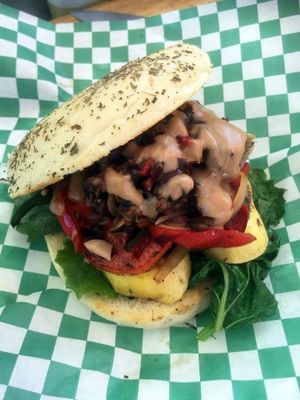 Balsamic grilled vegetable sandwich w/ 5-olive tapenade, dill grilled tomatoes, & focaccia at A Broken Angel - Food Cart + Catering in Bend