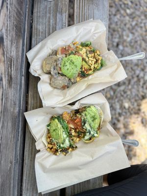 The “Big Country” Combo with avocado & the Breakfast Tostados   at A Broken Angel - Food Cart + Catering in Bend