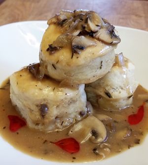 biscuits and wild mushroom gravy at A Broken Angel - Food Cart + Catering in Bend