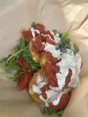 Corncakes with smoked tomatoe, fire! at A Broken Angel - Food Cart + Catering in Bend