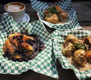 Pancakes and biscuits with gravy. at A Broken Angel - Food Cart + Catering in Bend