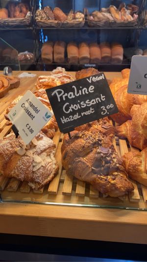 Praline and almond croissant (not always available)  at Het Zaanse Bakkertje / Dutch Vegan Bakery in Zaandijk