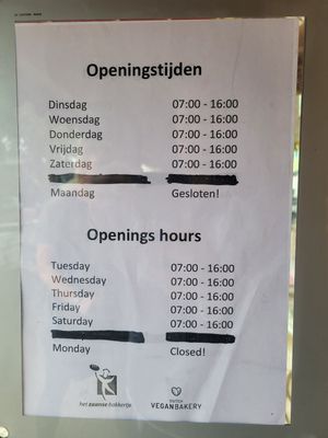 Opening hours 2023 at Het Zaanse Bakkertje / Dutch Vegan Bakery in Zaandijk