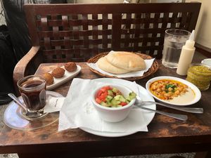 Hummus, salad, falafel combo, with Turkish coffee   at Hummus Elijah in Makati