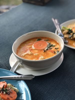 Tom yum soup at Pink House Garden in Chiang Mai