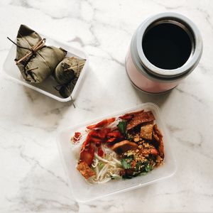 Yummy red bean glutinous rice dumpling aka ba zhang ($1 for a small pyramid), five-spice monkey head-mushroom? + shiitake mushroom + chestnut ba zhang ($2.50/large), & lor mee hoon ($3.50) with the aromatic gravy in the thermal container :) at Shi Song Vegetarian 实颂素食 in West Singapore