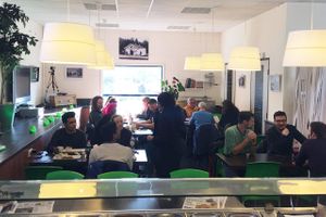 Inside the restaurant of Granny's Food in stationshal Plaspoelpolder of station Rijswijk at Grannys Food in Rijswijk