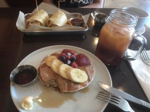 Tropical pancakes and bacon burritos    at Green Leaves in Los Angeles