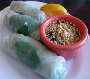 Spring rolls: fresh vegetables wrapped in noodle skin with house sauce. at Green Leaves in Los Angeles
