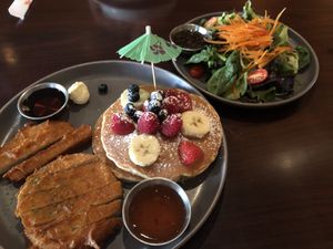 Tropical Chicken&Pancakes and Spring Mix Salad  at Green Leaves in Los Angeles