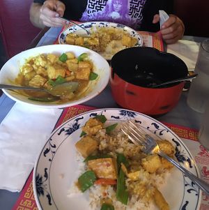 vegan tofu curry soooooo delicious and enough for two! yummmmm at Merry Go Round in Lone Pine