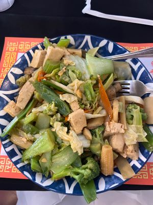 Vegetable Bowl with steamed tofu fresh mixed vegetables.  at Merry Go Round in Lone Pine