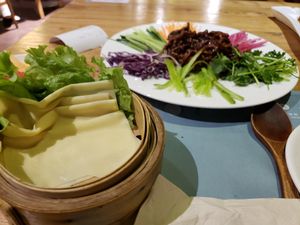 Jing Jiang Su Rou (Chinese shredded "meat" tacos with tofu skin) 京酱素丝 at SUHU 素虎 - Fulllink Plaza in Beijing
