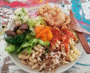 one example of buffet plate at Vegan Surf Camp in Moliets