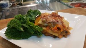 Lasagna with lentils, carrots and creamy cashew-topping at Leaf Food in Mannheim