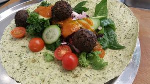 Wrap with fried black bean nuggets, vegan feta cheese and BBQ sauce at Leaf Food in Mannheim