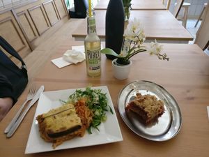 Lasagna and plum crumble  at Leaf Food in Mannheim