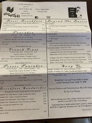 Vegan breakfast menu at The Purple Rooster Cafe in Attleboro
