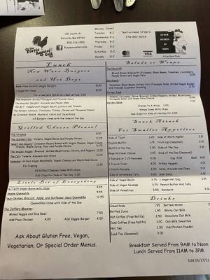 Vegan lunch menu at The Purple Rooster Cafe in Attleboro