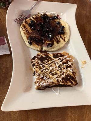 Blueberry pancake (top) and s’mores French toast   at The Purple Rooster Cafe in Attleboro
