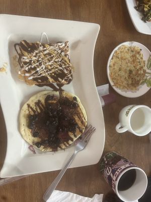 Vegan Smores French toast, vegan gluten free blueberry and chocolate pancake  at The Purple Rooster Cafe in Attleboro