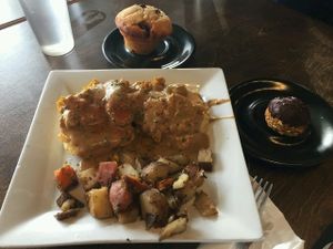 vegan biz-kits and gravy, vegan blueberry muffin and vegan pumpkin spice power bomb at Elemental Coffee in Oklahoma City